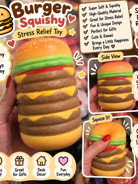 Accessories - Burger Squishy Stress Relief Toy - Kids Toy - Yellow/Brown/Green